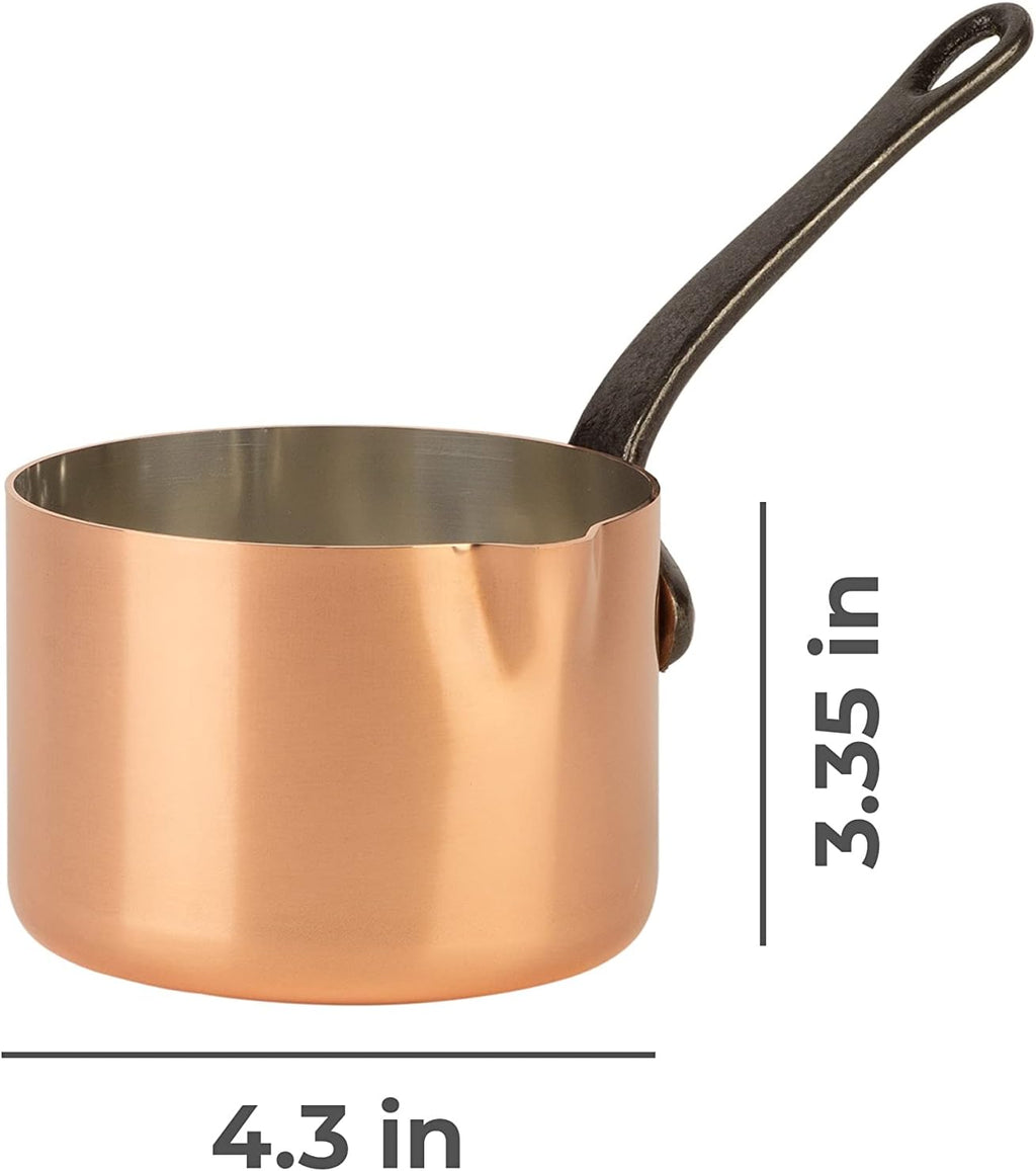 | tinned copper saucepan with pouring spout and cast iron handle, Ø 4.3 in, 0.7 qt | traditional solid copper saucier casserole from France