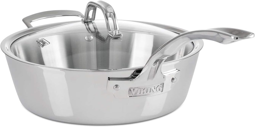 Viking Contemporary 3-Ply Deep Frying Pan with Glass Lid, 3.6 Quart Stainless Steel Saute Cooking Pot, Dishwasher and Oven Safe, Induction Ready, Silver