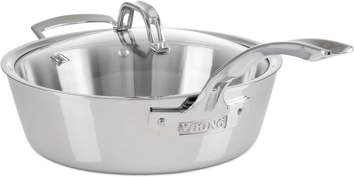 Viking Contemporary 3-Ply Deep Frying Pan with Glass Lid, 3.6 Quart Stainless Steel Saute Cooking Pot, Dishwasher and Oven Safe, Induction Ready, Silver