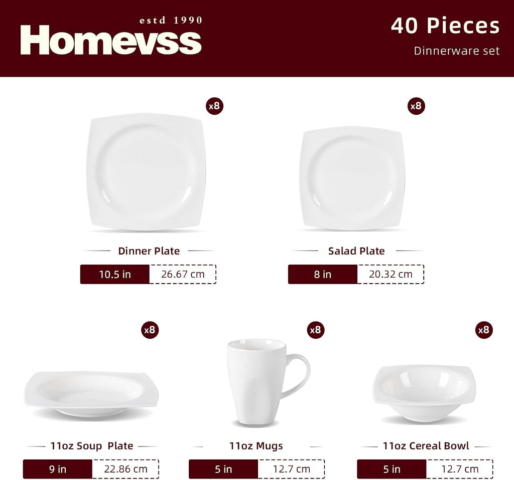 HomeVss, New Bone China Dinnerware SEt, Rim Square Shape, 40pc Set