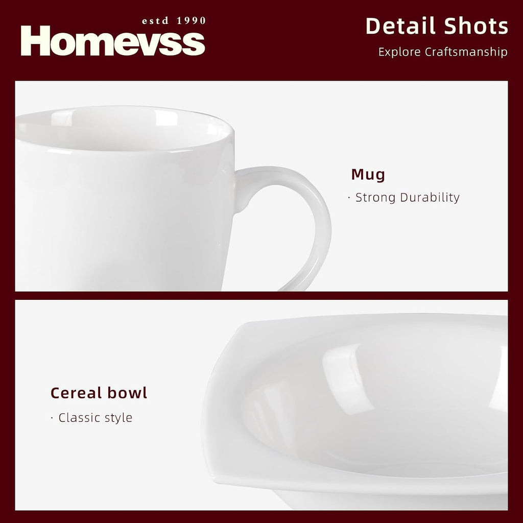 HomeVss, New Bone China Dinnerware SEt, Rim Square Shape, 40pc Set