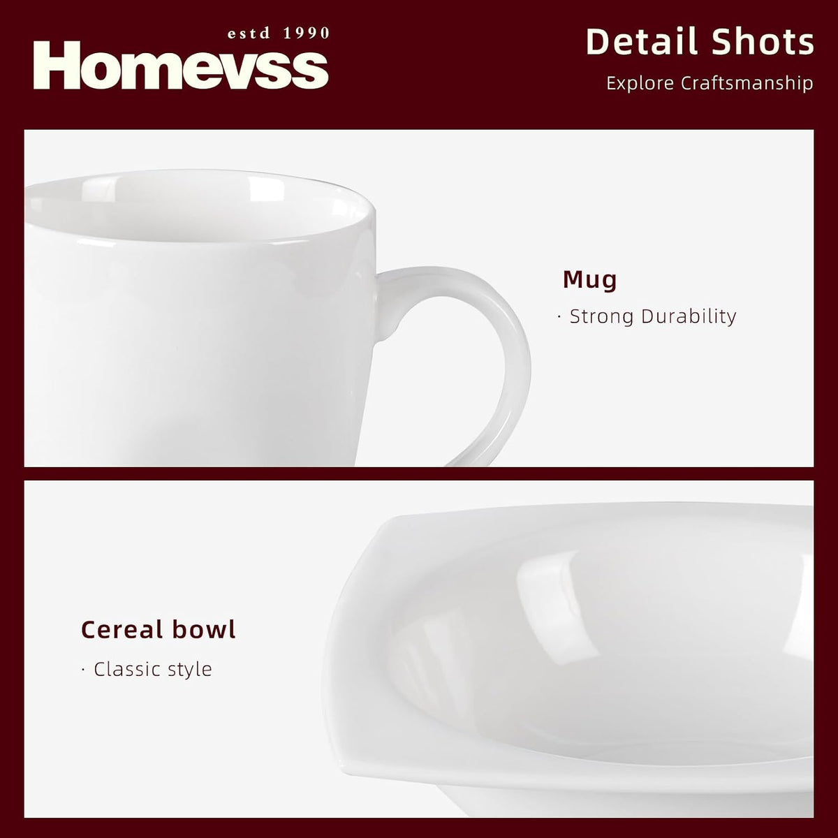 HomeVss, New Bone China Dinnerware SEt, Rim Square Shape, 40pc Set