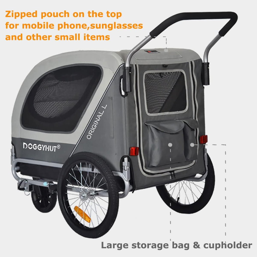 Doggyhut Original Large Pet Bike Trailer & Stroller 2-in-1,for Dogs up to 78 lbs,Parking Brakes,Easy Folding Cart Frame, Quick Release Wheel, Universal Bicycle Coupler (Gray)