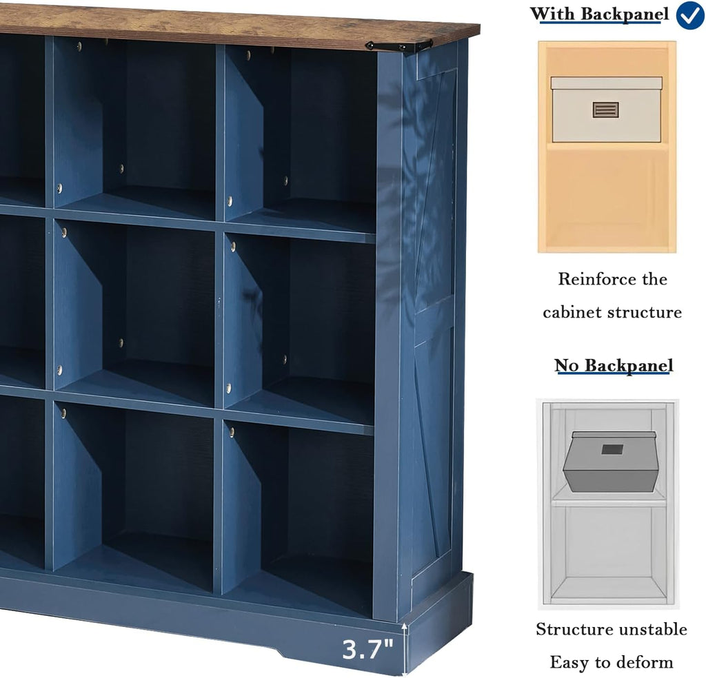 9 Cube Storage Organizer, 3 Tier Book Shelf with Led Lights, Farmhouse Book Shelves for Living Room, Horizontal Toy Storage Bookshelf, Wood Display Bookcase Cabinet for Bedroom, Office, Blue