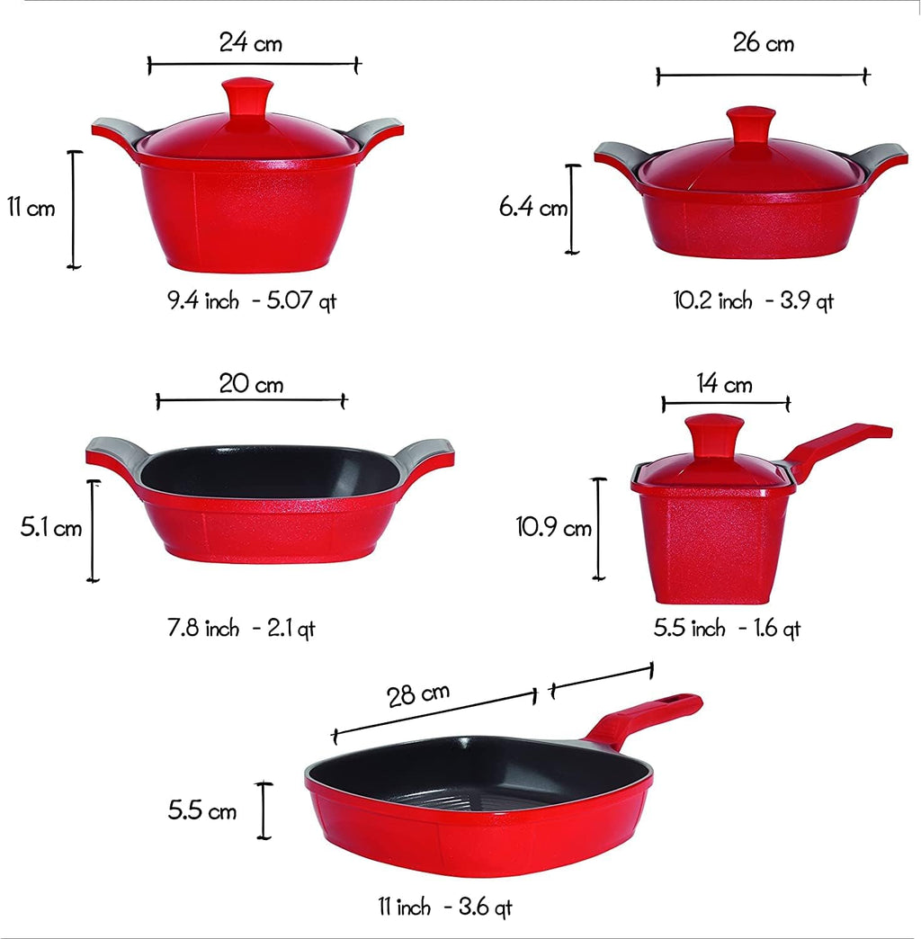 (Matrix) Luxury Cast Aluminum 11-Piece Cookware Set – Pans, Pots, Saucepan, Saucier, Baking Tray & Silicone Handles – Premium Nonstick, All Stovetops Compatible (Induction) – Ceramic Red