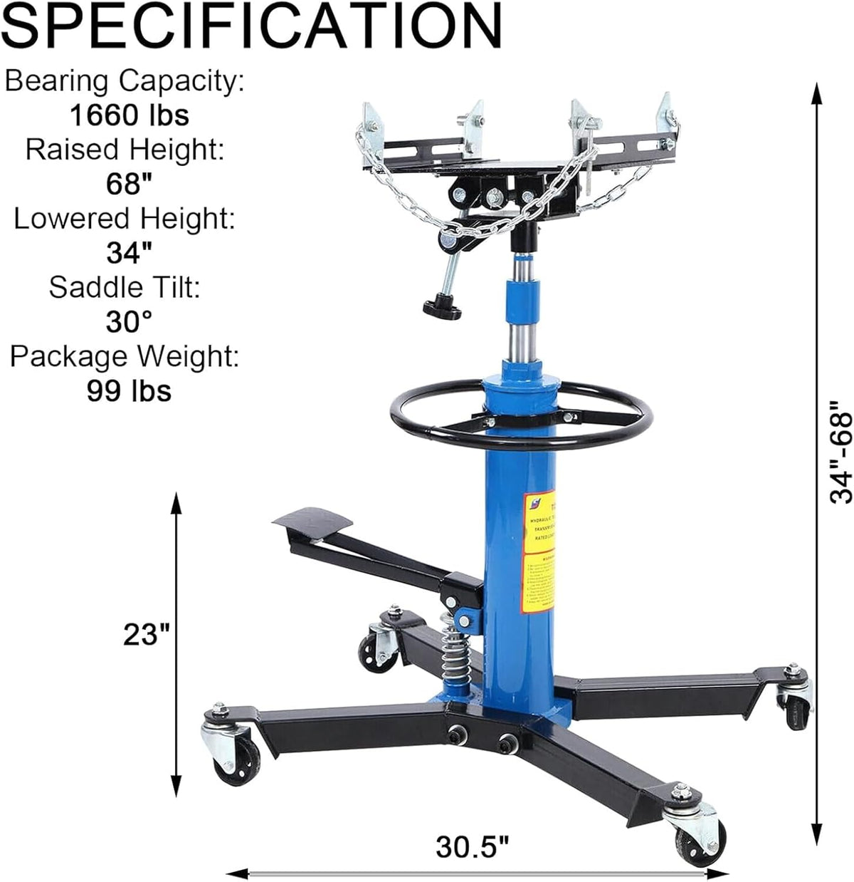 Transmission Jack 1660 lbs/ 0.75 Ton Capacity Hydraulic Telescopic Transmission Jack 34' - 68' Adjustable Height Telescoping Transmission Hydraulic with 360° Swivel Wheels Lift Hoist