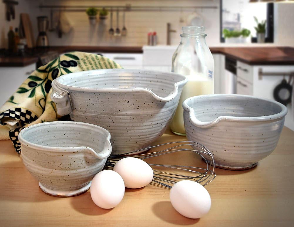 American Made Stoneware Pottery Batter Bowls, 3-Piece Nesting Set, Classic All-White Glaze
