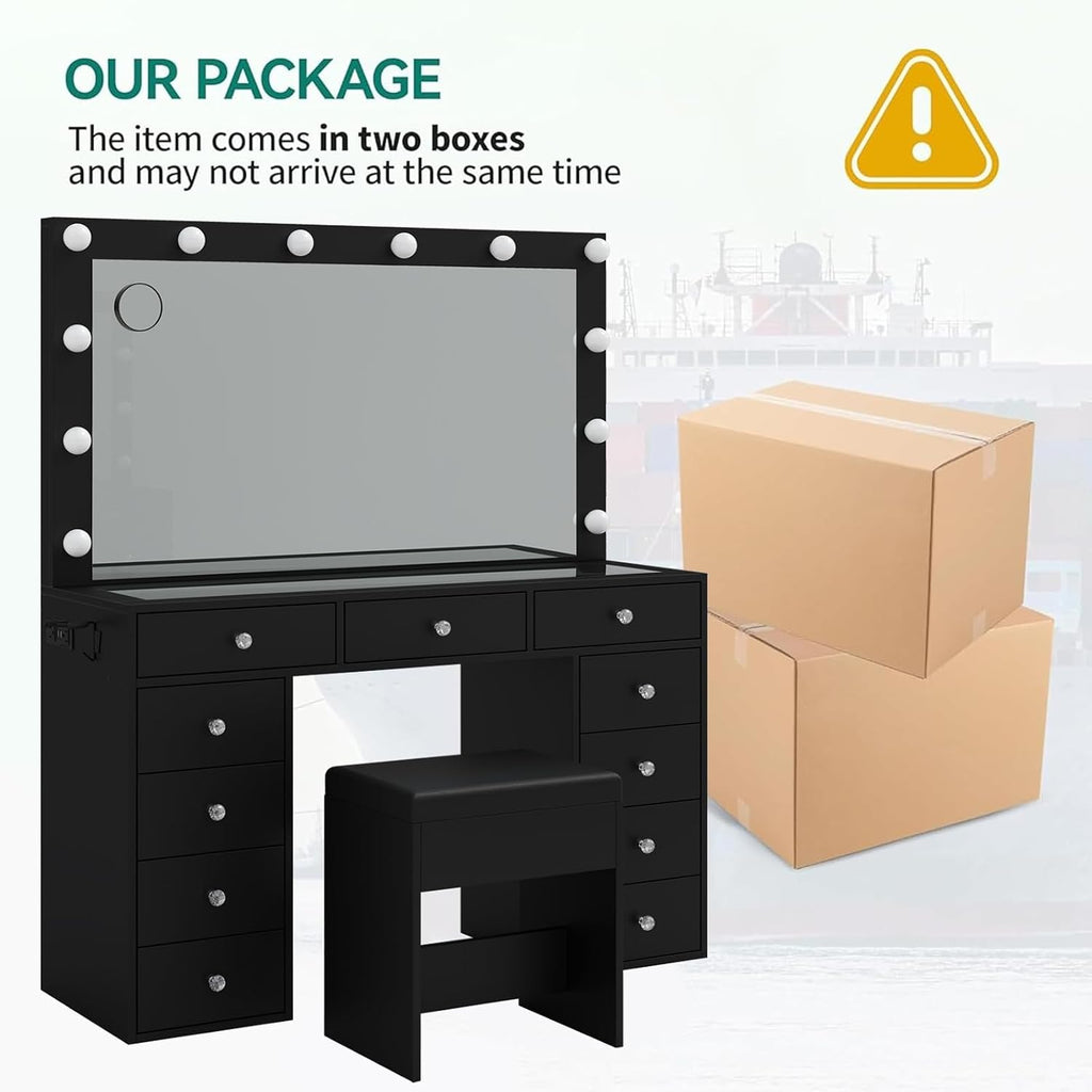 Yanosaku Vanity Desk & Power Outl, Makeup Table with Mirror and 12 LED Lights, Makeup Table with 11 Drawers, 3 Lighting Modes Brightness Adjustable(Black)