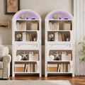 Set of 2 Tall Arched Bookshelf, 6-Tier Book Shelf with LED Lights, 70.3' Farmhouse Bookcase with Open Shelves and Drawer, Freestanding Display Rack, for Living Room, Home Office, White