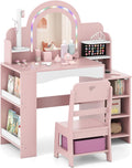 HONEY JOY Kids Vanity, Wooden Girls Vanity Set with Lighted Mirror & Open Bookshelf, Ring Slot & Jewelry Storage, Toddler Makeup Vanity Desk Dressing Table, Kids Vanity Table and Chair Set (Pink)