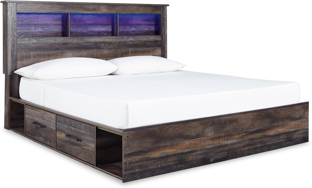 Signature Design by Ashley Drystan Rustic King Bookcase Bed with 4 Storage Drawers, Open Cubbies and LED Light, Foundation or Box Spring Not Needed, Dark Brown & Gray