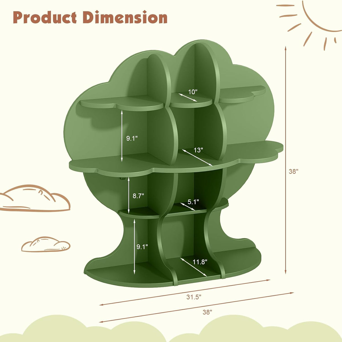 HedoAjim 4-Tier Christmas Tree Kids Bookshelf, Wooden Children Bookcase Toy Storage Organizer for Boys & Girls, Nursery, Playroom, Bedroom