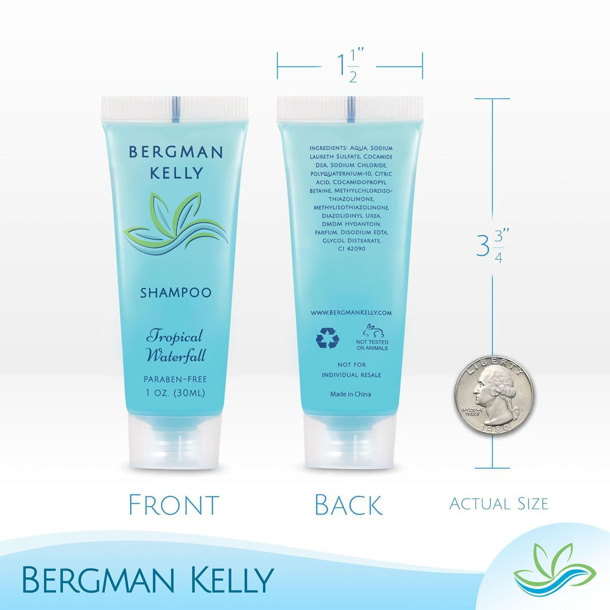 Bergman Kelly - Hotel Toiletries Bundle - Tropical Waterfall, 1 oz each, 18800 pcs - 4-Piece Set: Rectangular Bar Soap, Shampoo, Conditioner & Body Lotion (4700 each) - Bulk Mini Guest Amenities
