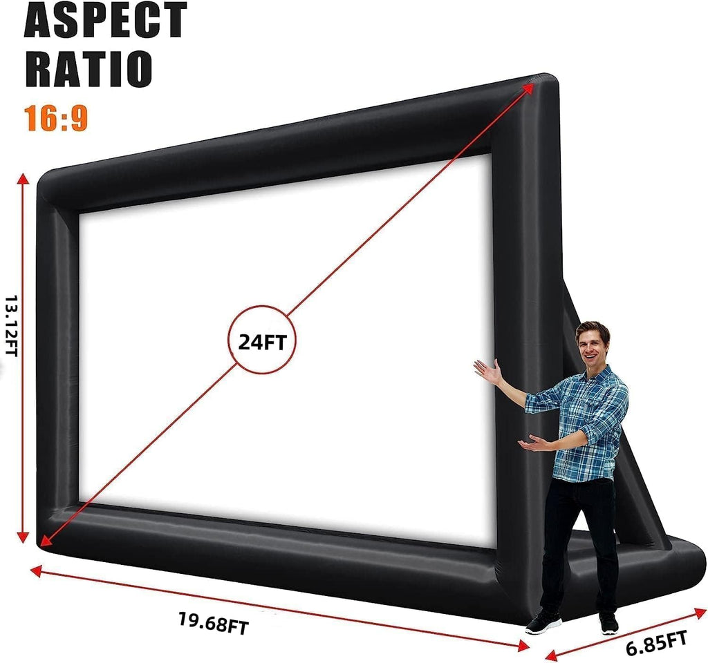 24FT Inflatable Cinema Screen IPX4,250W Turbo Blower & Geo-Anchor Spike System,Dual-View Projection (Front/Rear) with 92% NTSC Gamut for Drive-in Theaters, Sports Arenas, Camping Events