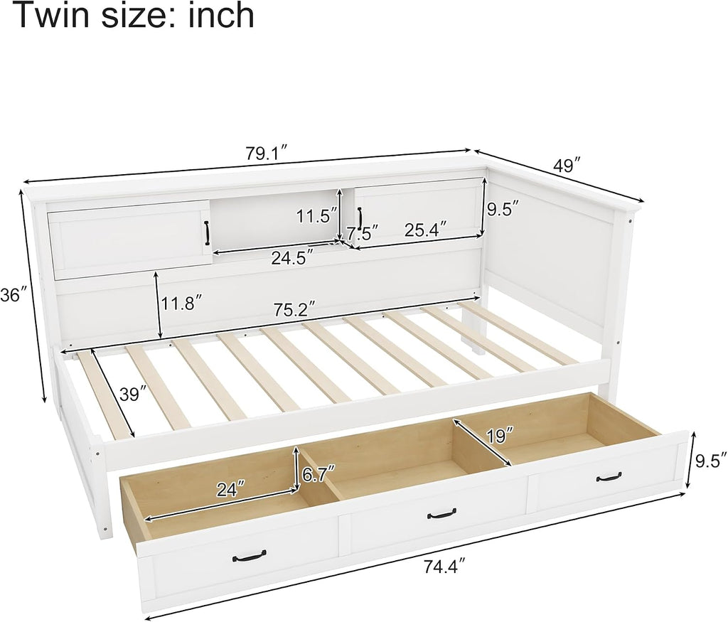 Merax Corner Bed Frame with Storage Bookcase and LED Lights,Twin Platform Bed Frame with Headboard and Charging Station, Twin Daybed with Storage Drawer, Pure White