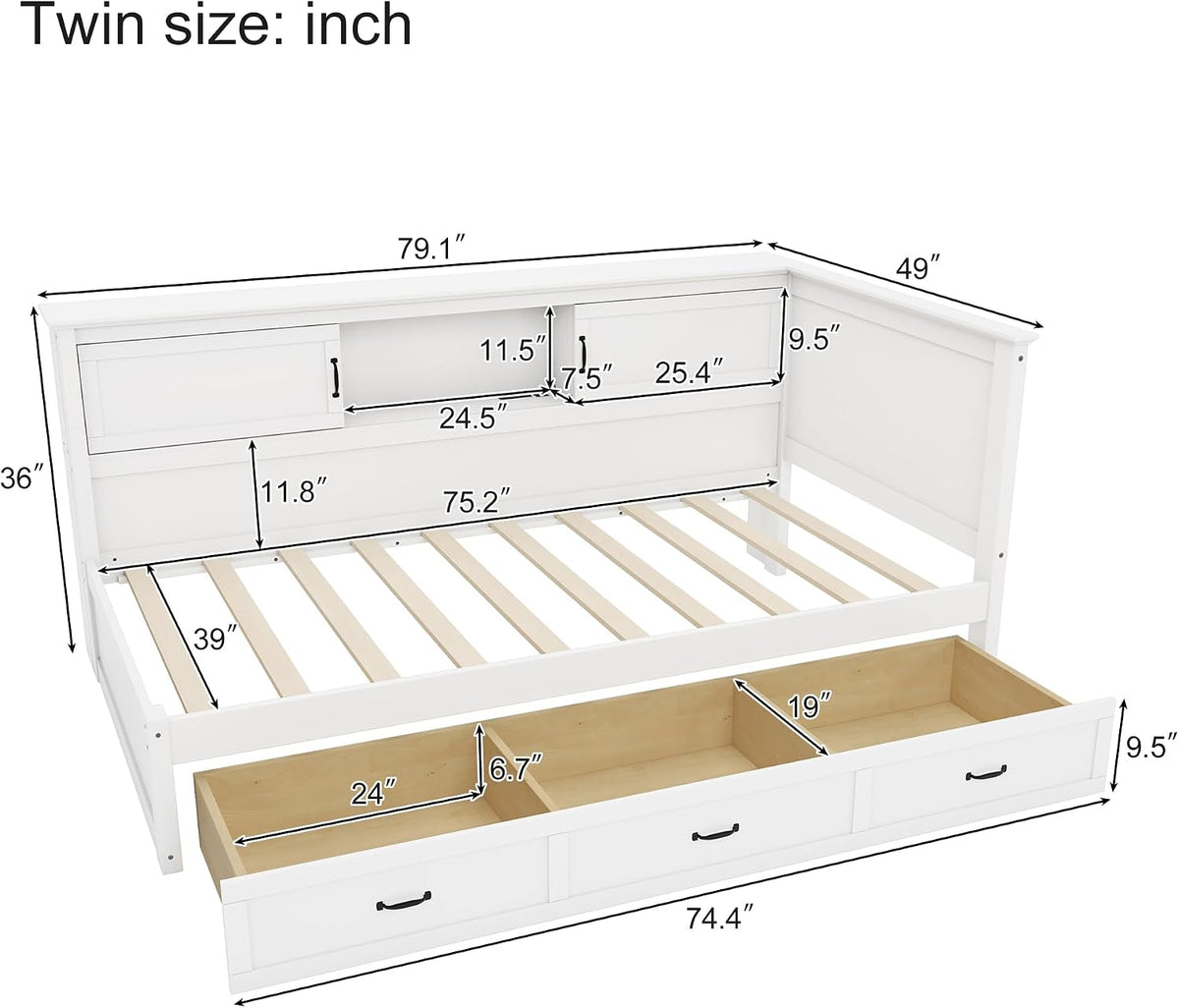 Merax Corner Bed Frame with Storage Bookcase and LED Lights,Twin Platform Bed Frame with Headboard and Charging Station, Twin Daybed with Storage Drawer, Pure White