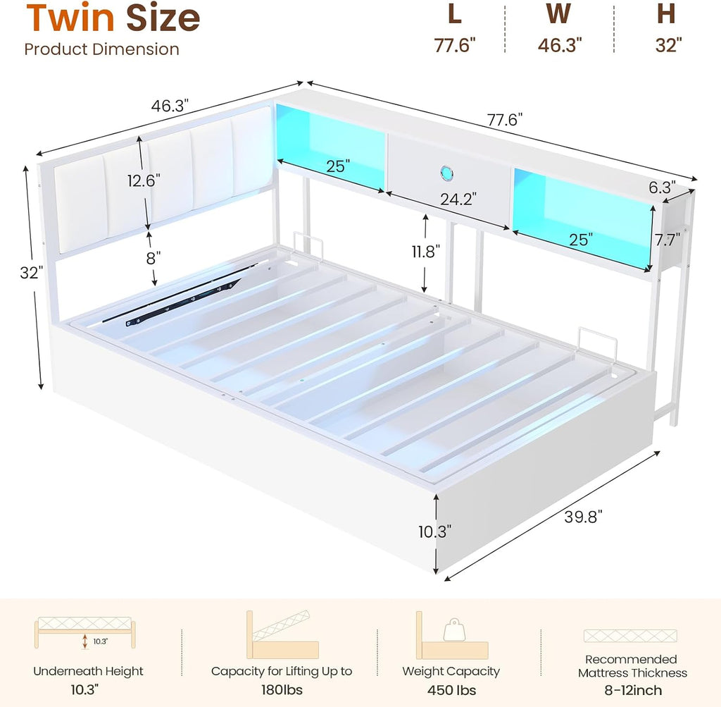 DICTAC Twin Corner Lift up Storage Bed with Led Lights and Charging Station Twin Size Daybed for Kids/Teen with Bookcase and Hydraulic Storage,Platform Corner Beds with Upholstered Headboard,White