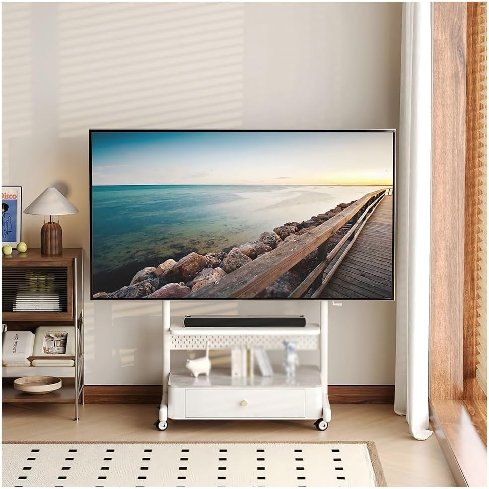 LXHELIVERY Height Adjustable Mobile TV Stand with Wheels,Rolling TV Cart with Storage Drawer & Cabinet,Floor TV Mount with Pegboard for 40-90 Inch TVs(White)