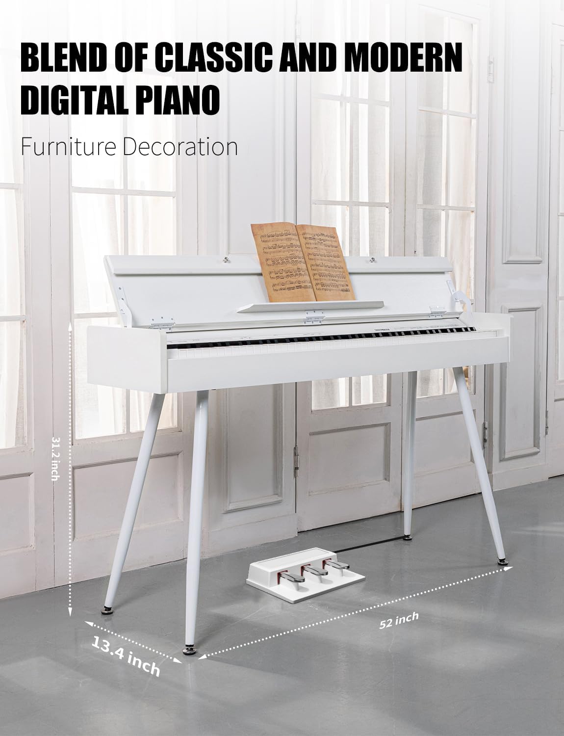 UISCOM 88 Key Weighted Home Digital Piano- Wooden Desk Electric Piano Transforms Between Desk and Vanity - Progressive Hammer-Action Keyboard, Perfect for Beginners with MIDI-White