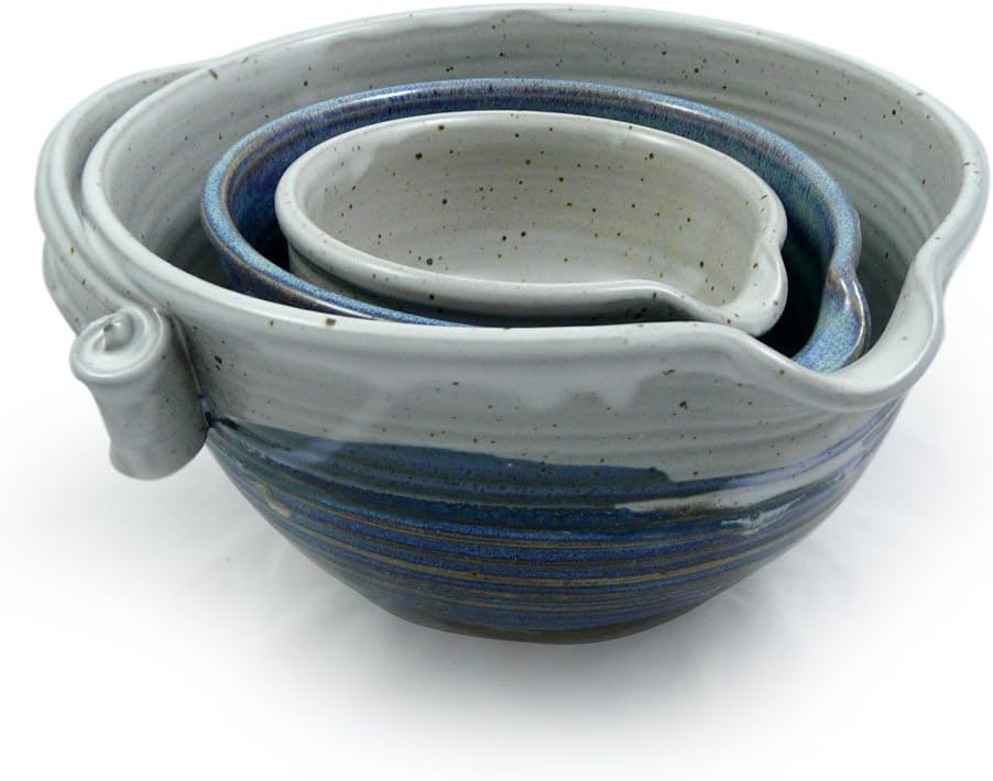 American Made Stoneware Pottery Batter Bowls, 3-Piece Nesting Set, French Blue Glaze