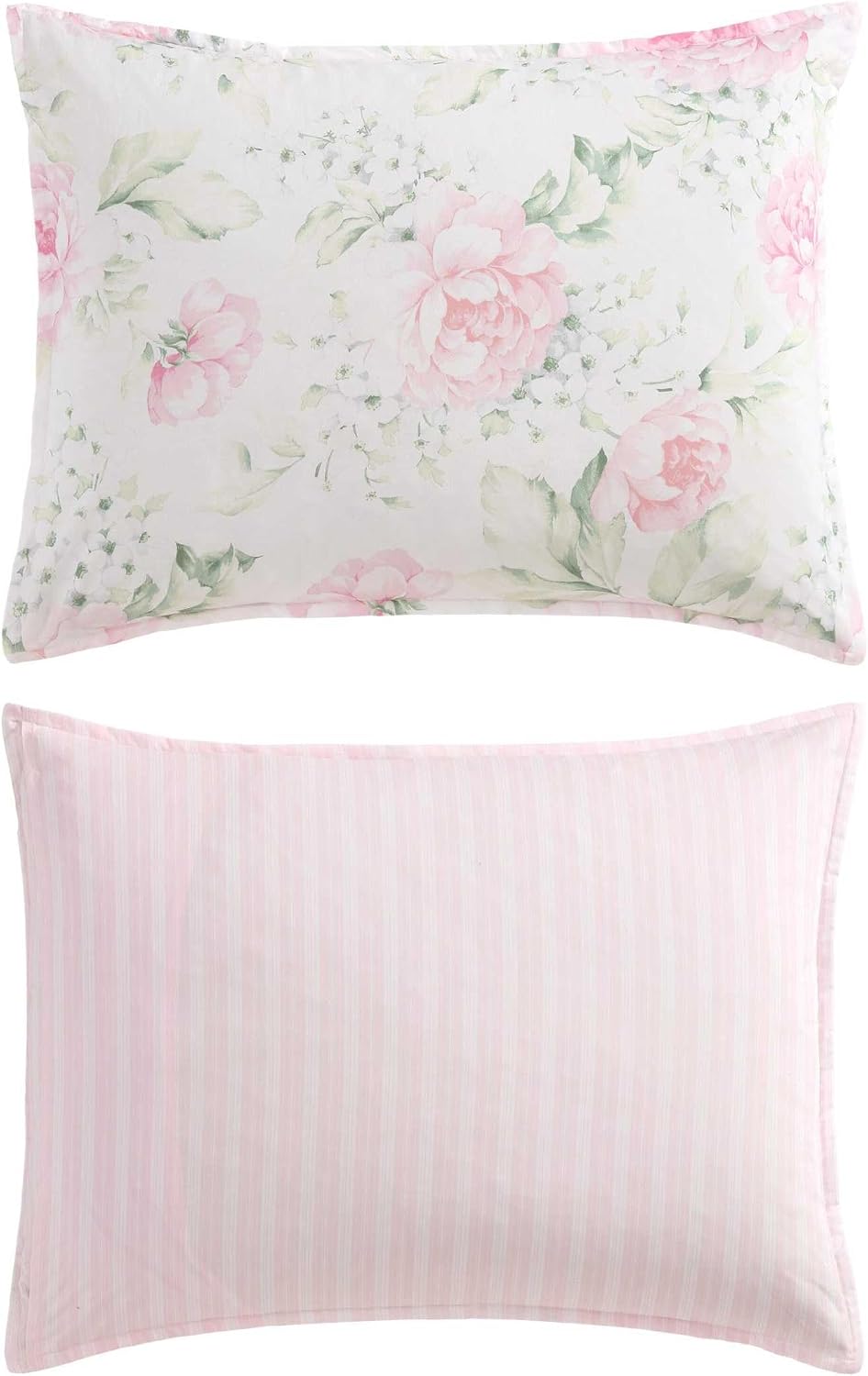 Laura Ashley - Queen Bonus Comforter Set, Reversible Bedding with a Soft Feel, 7 Piece Bed Set with Matching Pillowcases, Euro Shams, & Throw Pillow Covers (Serenity Roses/Mattie Stripe Pink)