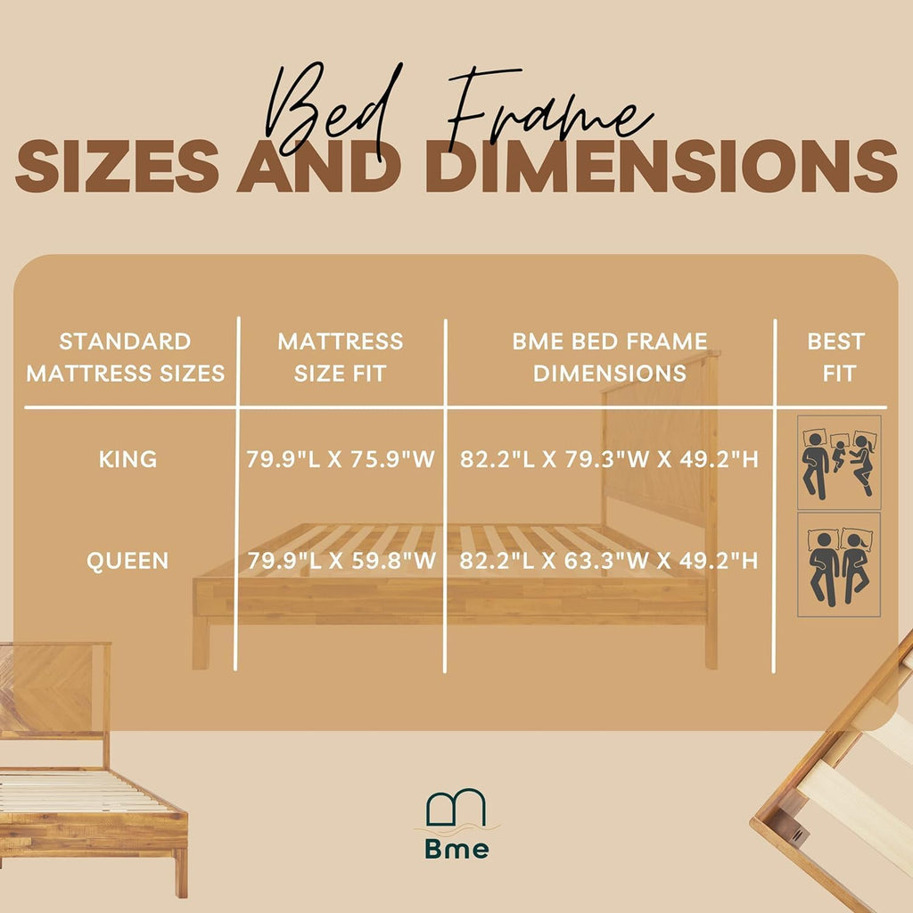 Bme Vivian 14 Inch Deluxe Bed Frame with Headboard, Rustic & Scandinavian Style with Solid Acacia Wood, No Box Spring Needed, 12 Strong Wood Slat Support, Easy Assembly, King, Rustic Golden Brown
