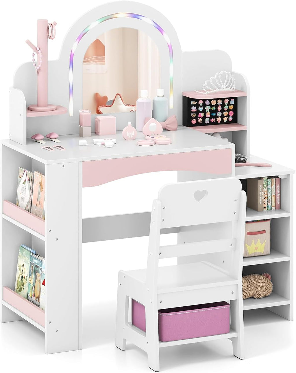 HONEY JOY Kids Vanity, Wooden Girls Vanity Set with Lighted Mirror & Open Bookshelf, Ring Slot & Jewelry Storage, Toddler Makeup Vanity Desk Dressing Table, Kids Vanity Table and Chair Set (White)