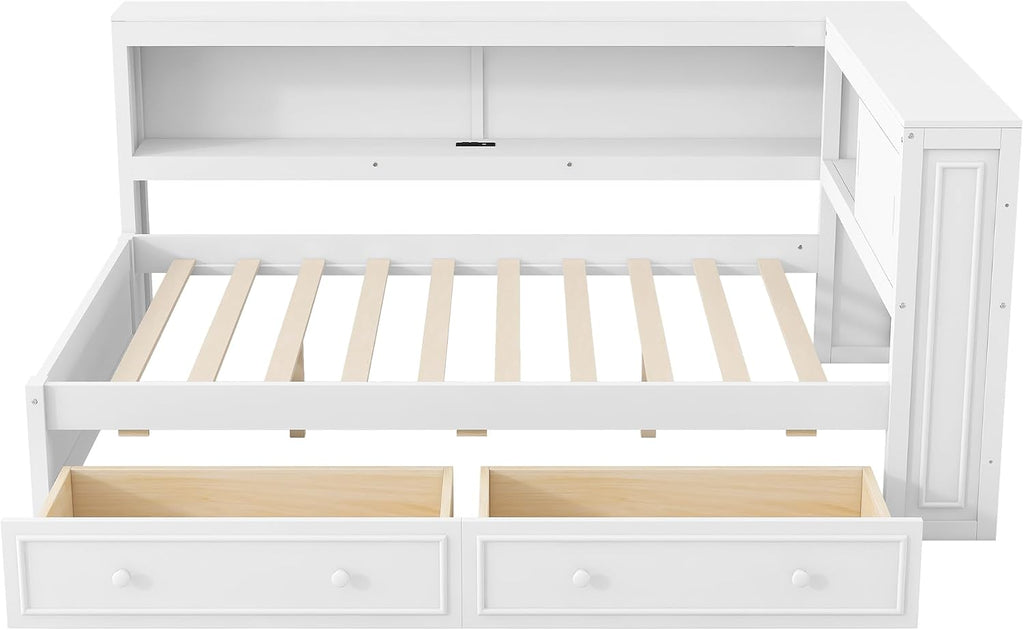 SOFTSEA Full Size Corner Bed with Drawers & Bookcase, L-Shaped Daybed with LED Lights & USB Ports, Wood Reversible Day Bed Frame with Storage Headboard for Kids Teens Bedroom, White