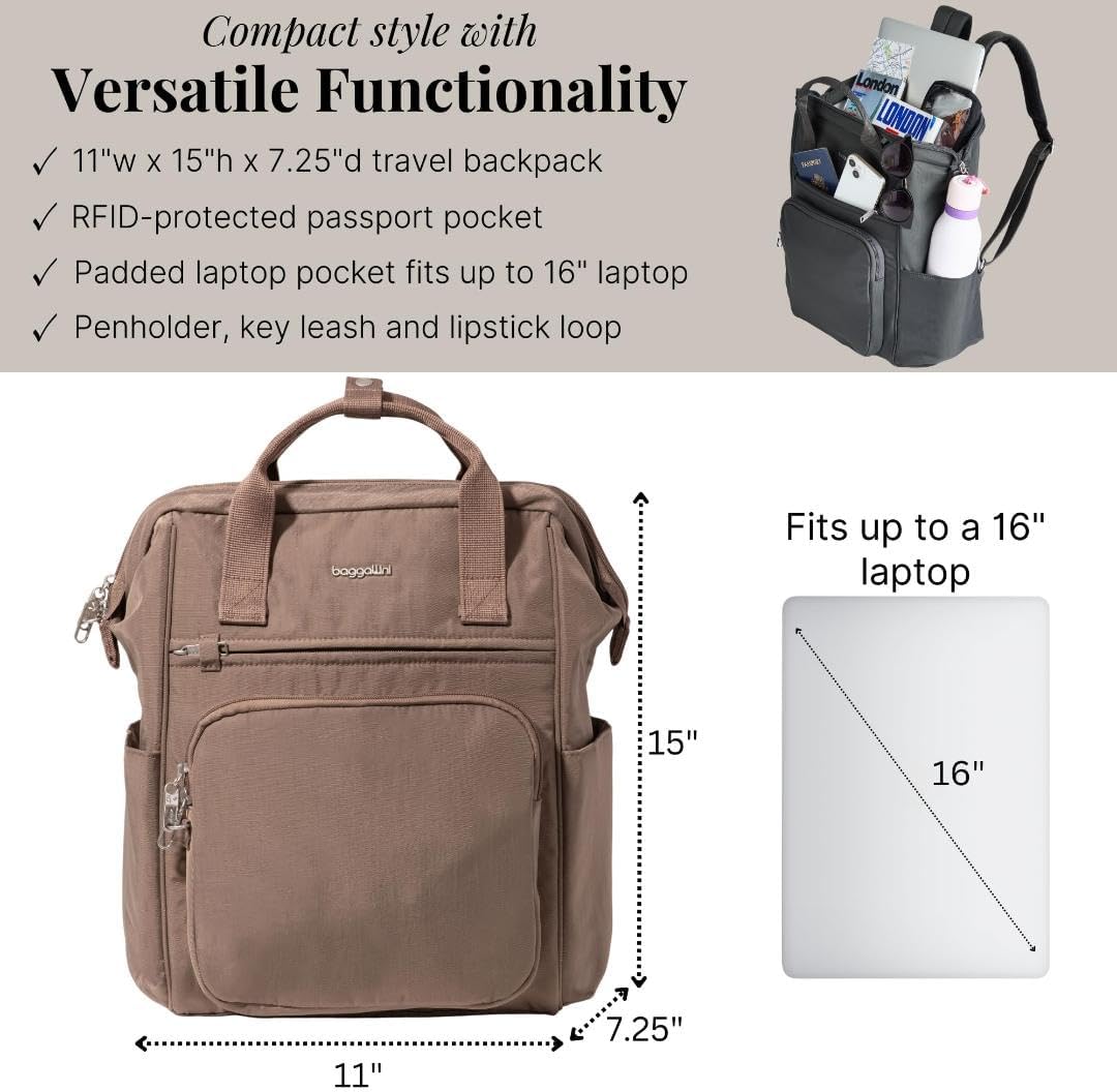 Baggallini Securtex Anti-Theft Windsor Backpack for Travel, Work & College, RFID & Locking Zipper, Up to 16' Laptop