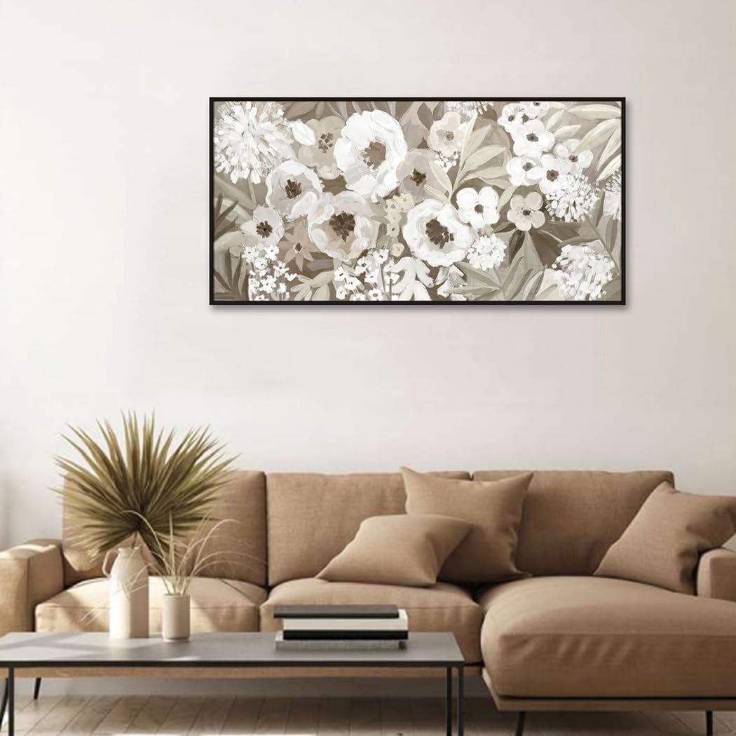 Framed Floral Canvas Wall Art, Gray and White Poppy Flowers Artwork for Boho Living Room Bedroom Office Decor, 24 x 48 Inch
