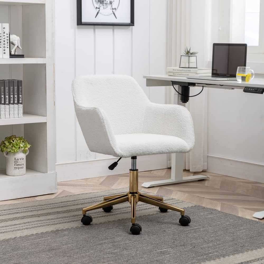 Plush Teddy Fabric Ergonomic Office Chair with Adjustable Height, 360-Degree Swivel Base, and Smooth-Rolling Casters for Home or Workspace (White Teddy + Wool + Foam)