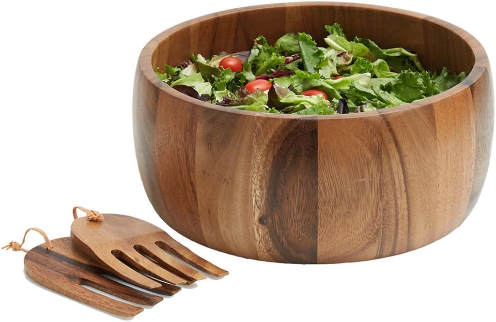 Acacia Wood 10' Salad Serving Bowl with Salad Hands 3 Piece Set by Woodard & Charles ★★PACK OF 4★★