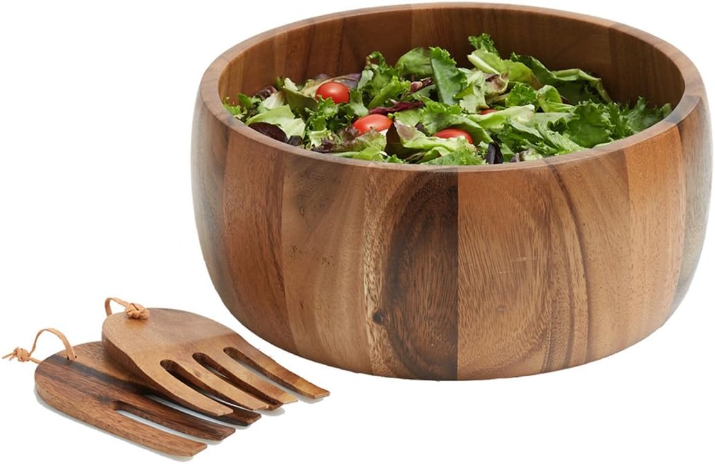 Acacia Wood 10' Salad Serving Bowl with Salad Hands 3 Piece Set by Woodard & Charles ★★PACK OF 4★★