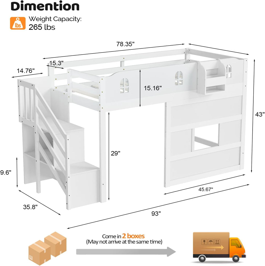 JOYMOR Low Loft Bed with LED Lights, Twin Loft Bed with Stairs, Safety Guardrail, Curtain, Wooden Bed Frame for Kids with Storage Staircase and Under-Bed Play Space,Pure White