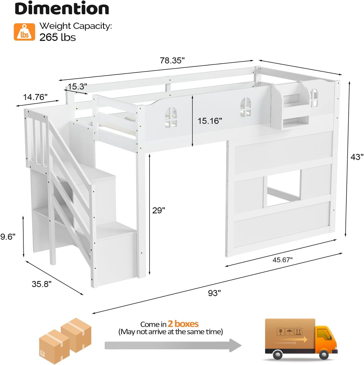 JOYMOR Low Loft Bed with LED Lights, Twin Loft Bed with Stairs, Safety Guardrail, Curtain, Wooden Bed Frame for Kids with Storage Staircase and Under-Bed Play Space,Pure White