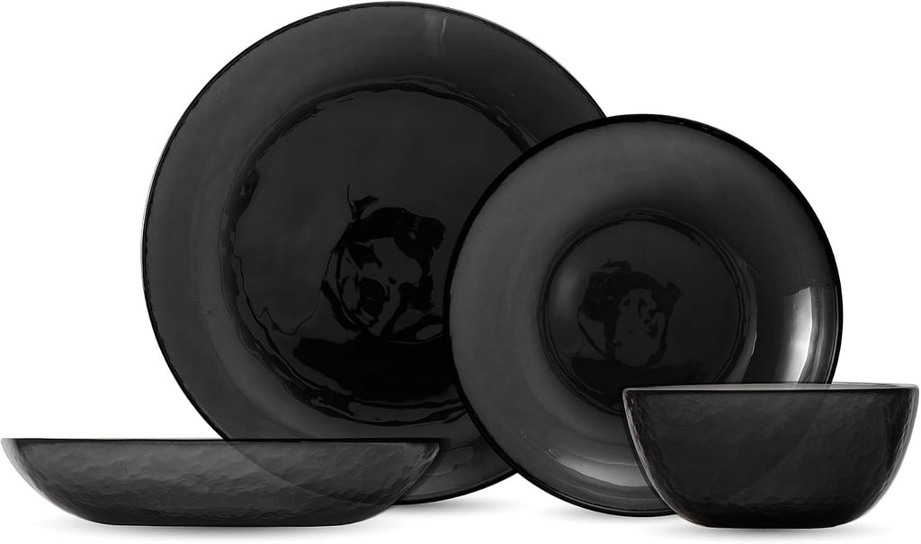 FORTESSA Los Cabos Tableware, 16-Piece Glass Dinnerware Set with 4 Dinner Plates, 4 Salad Plates, 4 Coupe Bowls and 4 Cereal Bowls, Dishwasher-Safe Glass Plate Set, Shadow Black