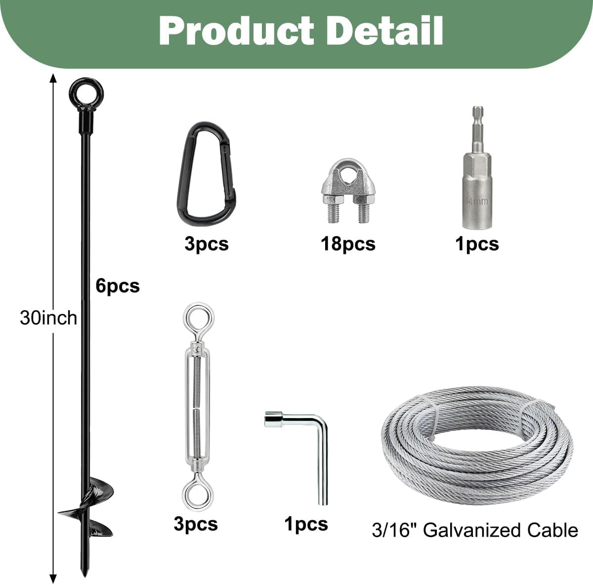 tinnmao 30'' Ground Anchors Kit Heavy Duty, Galvanized Steel Anchors with Cable & Turnbuckle, for Shed, Trailer, Mobile Home, Trampoline, Camping Tent, RV
