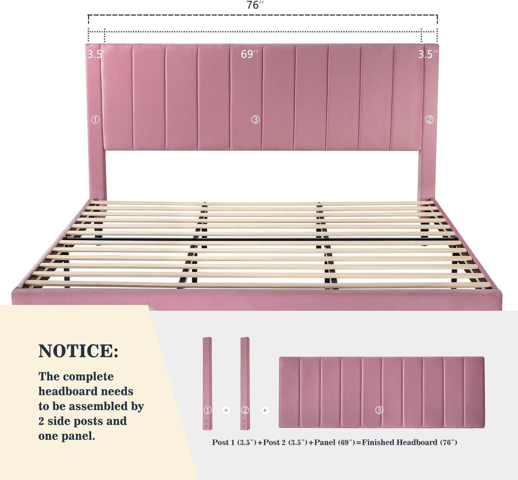 Allewie King Platform Bed Frame/Velvet Upholstered Bed Frame with Vertical Channel Tufted Headboard/Strong Wooden Slats/Mattress Foundation/Box Spring Optional/Easy Assembly/Pink