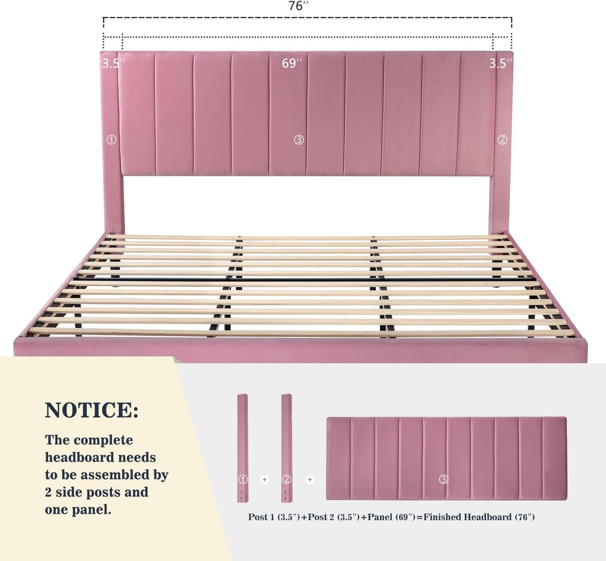 Allewie King Platform Bed Frame/Velvet Upholstered Bed Frame with Vertical Channel Tufted Headboard/Strong Wooden Slats/Mattress Foundation/Box Spring Optional/Easy Assembly/Pink