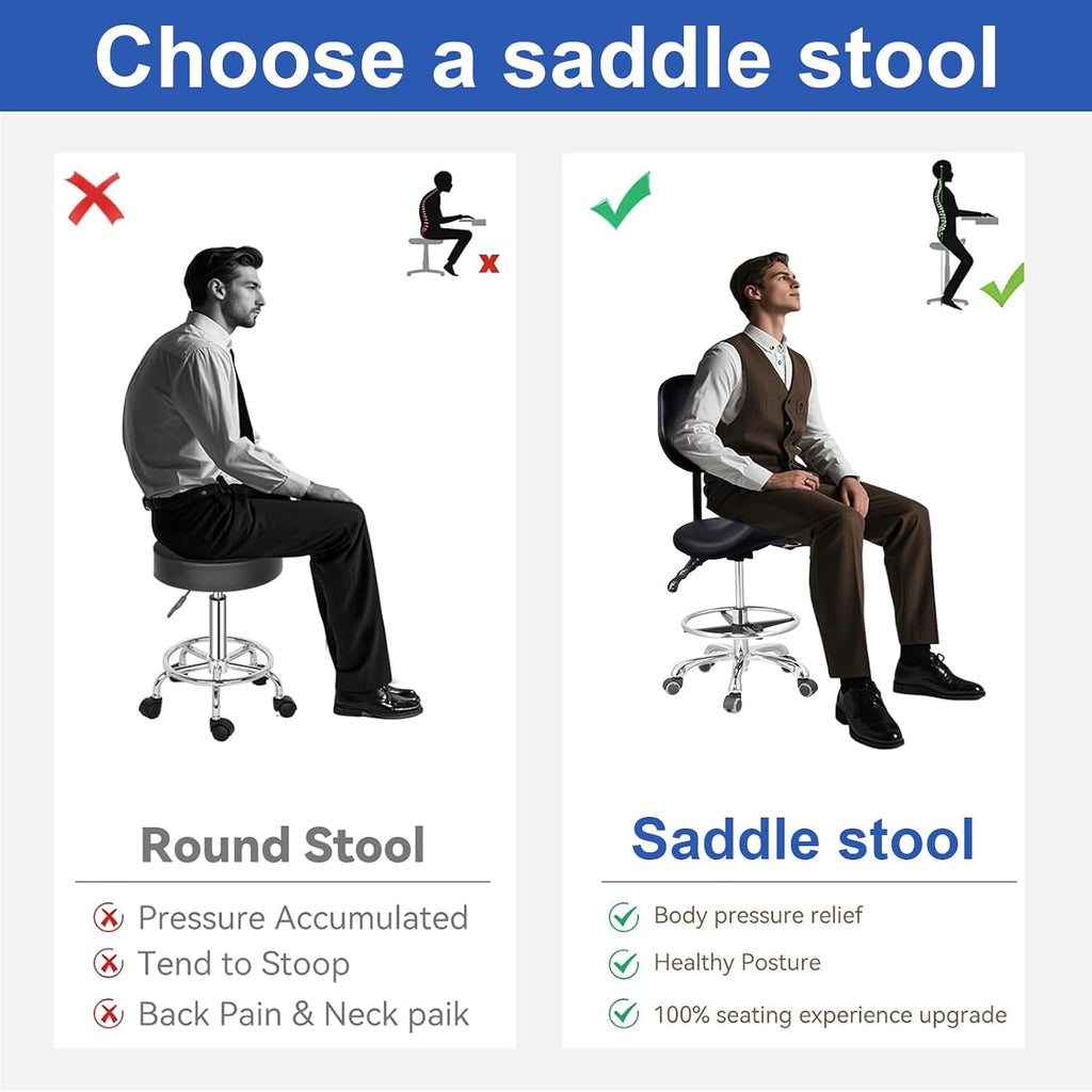 Upgraded Saddle Stool with Back Support, 400lbs Saddle Chair - Back Adjustable Salon Stool with Wheels and Footrest, Swivel, Widened Thick Seat Padding for Home Office Clinic Dentist(Black)
