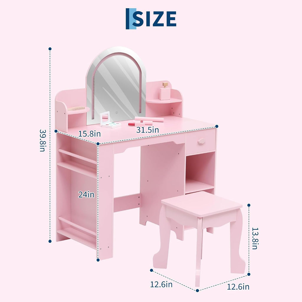 Garvee Kids Vanity with Lighted Mirror & Stool, Little Girls Vanity with Adjustable LED Light, Bookshelf, Storage Drawer & Shelves for Girls 3-9, Pink