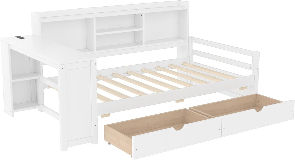 SOFTSEA Twin Size Daybed with Desk & Storage, Wood L-Shaped Corner Bed Frame with Drawers, Shelves and Charging Station or Living Room, Guest Room, White