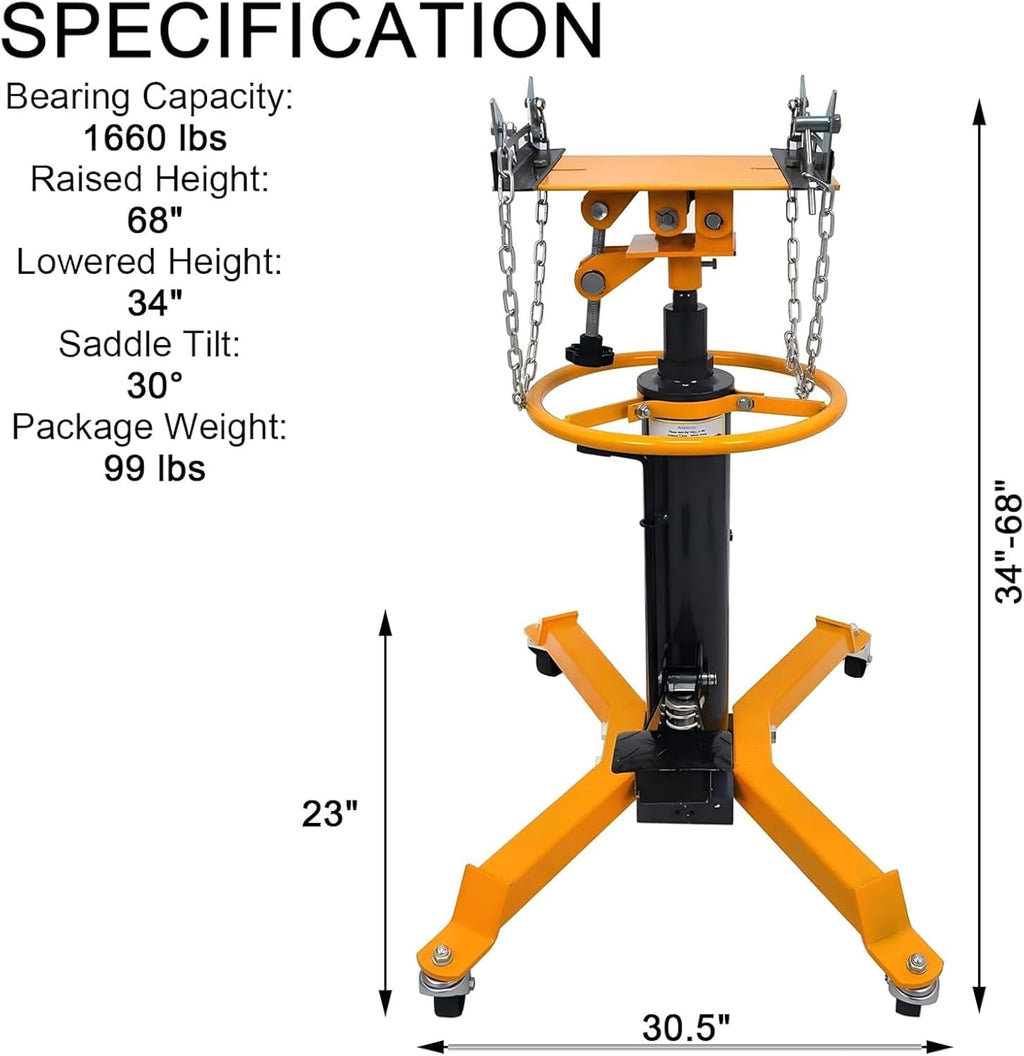 Transmission Jack 1660 lbs/ 0.75 Ton Capacity Hydraulic Telescopic Transmission Jack 34' - 68' Adjustable Height Telescoping Transmission Hydraulic with 360° Swivel Wheels Lift Hoist