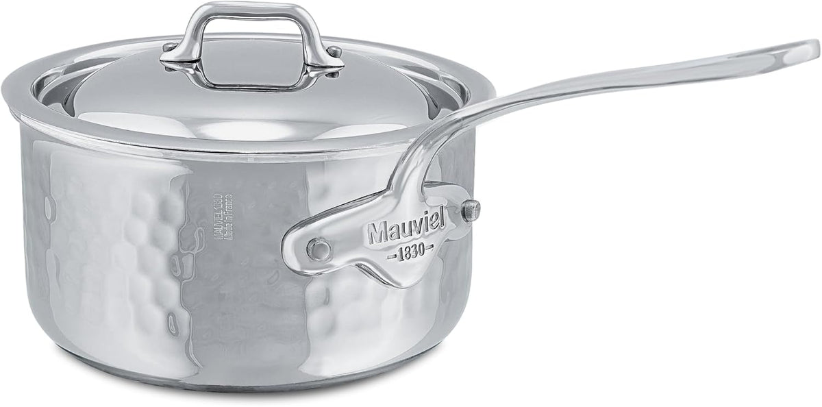 Mauviel M'ELITE Hammered 5-Ply Sauce Pan With Curved Lid, Cast Stainless Steel Handles, 0.8-Qt, Made In France