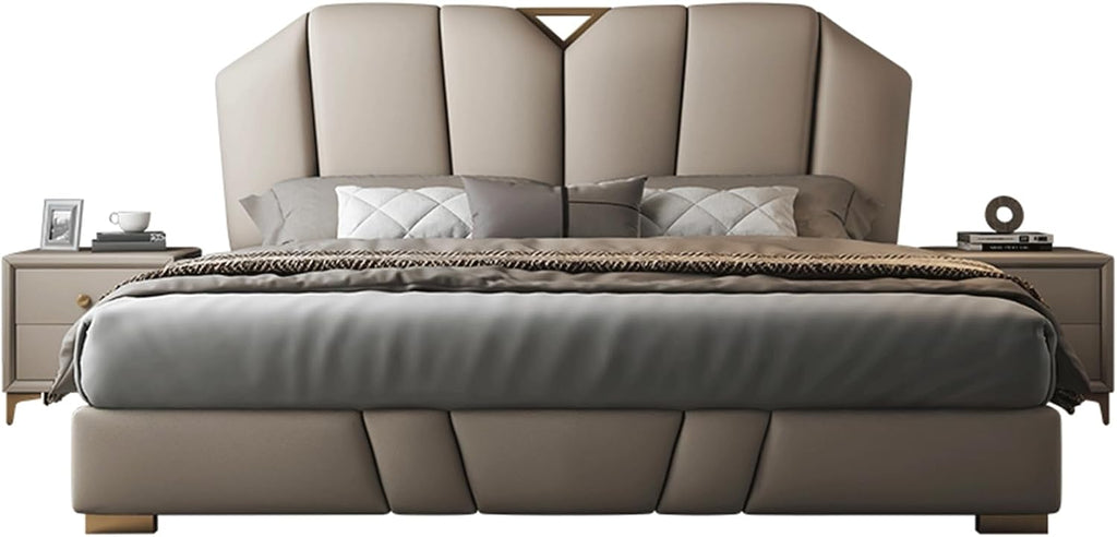 King Size Genuine Leather Bed Set Upholstered Platform Bed Frame with Headboard and Lift Up Storage Strong Wooden Slat Support No Box Spring Needed Noise Free