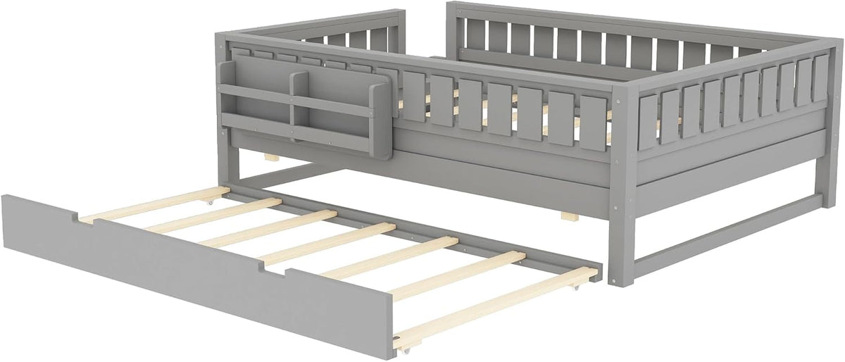 Bellemave Full Bed with Trundle and Stairs, Full Size Platform Bed Frame with Fence and Bookshelf, Easy Assemble Beds for Kids, Girls, Boys, Gray
