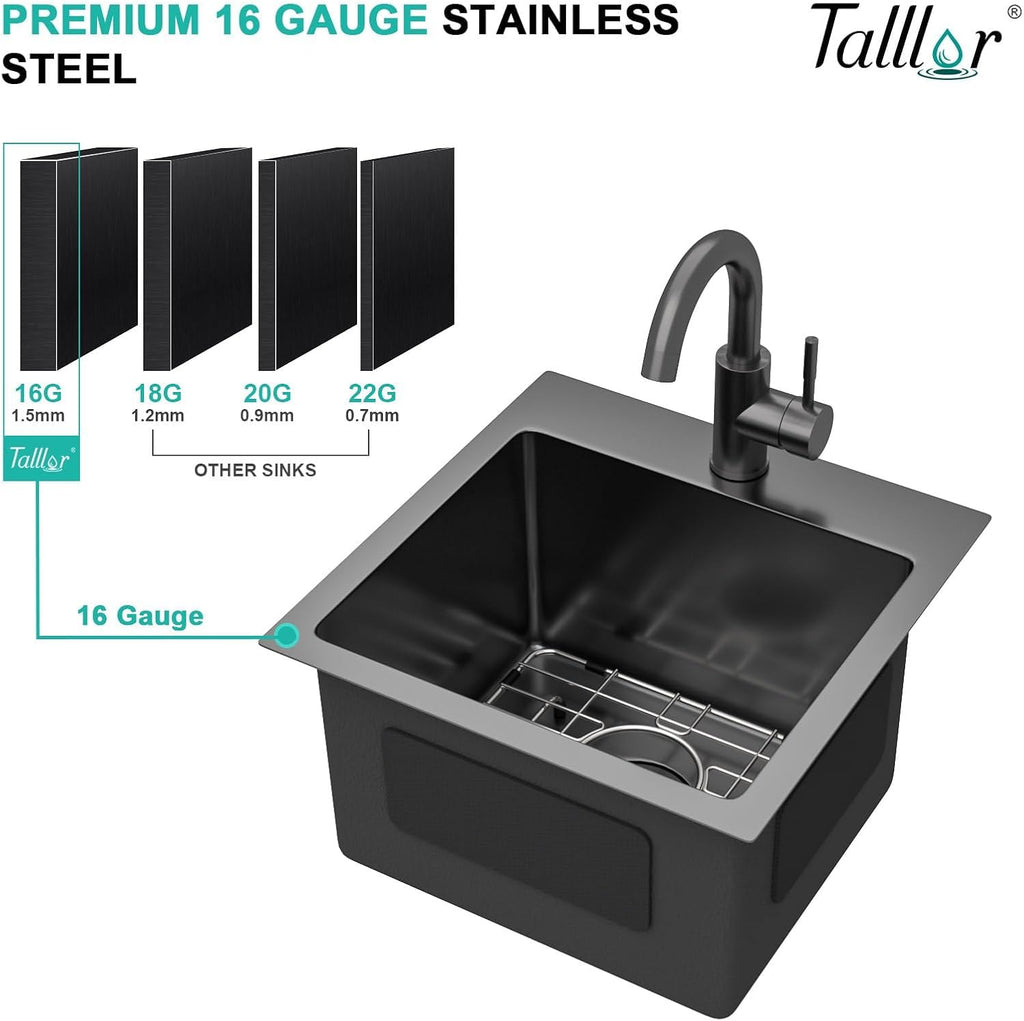 15x15 Inch Black Drop In Bar Sink with Faucet, 16 Gauge T-304 Stainless Steel Single Bowl Wet Prep Sink for Kitchen Bar, RV, Outdoor, and Boat, Gunmetal Black #TLT-0017