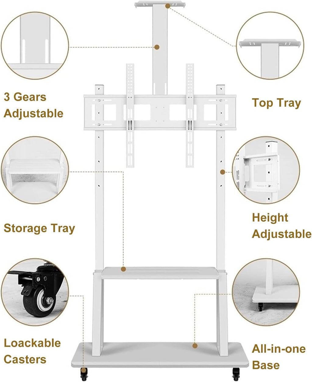 White Tall Floor TV Stand for 32 43 50 55 65 70 Inch TV, Universal Mobile TV Cart for Living Room Bedroom, Heavy Duty Rolling TV Stand on Locking Wheels Beautiful Scenery