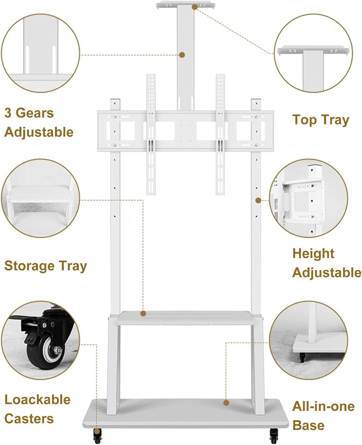 White Tall Floor TV Stand for 32 43 50 55 65 70 Inch TV, Universal Mobile TV Cart for Living Room Bedroom, Heavy Duty Rolling TV Stand on Locking Wheels Beautiful Scenery