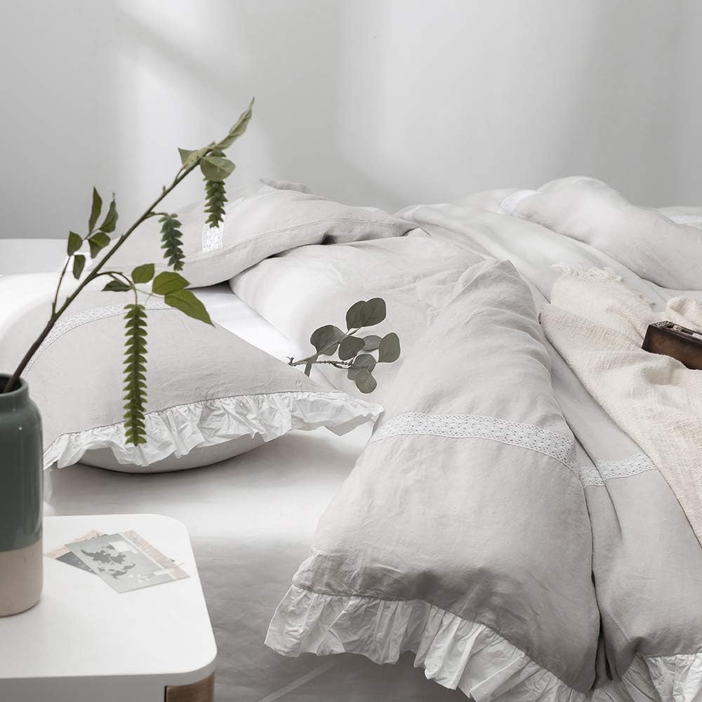 Simple&Opulence 100% Linen Duvet Cover Set (88'x92') Floral Flax Queen Size, Shabby Chic Ruffle Edge Lace Insert Decoration, 3 Pcs Farmhouse Bedding-1 Comforter Cover 1 Pillow Shams, Floral Grey